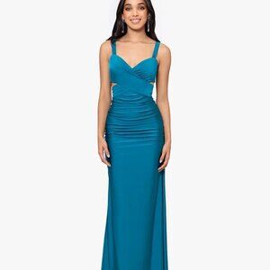 Blondie Nites Juniors' Ruched Tie-Back Sleeveless Gown Teal Size 15
